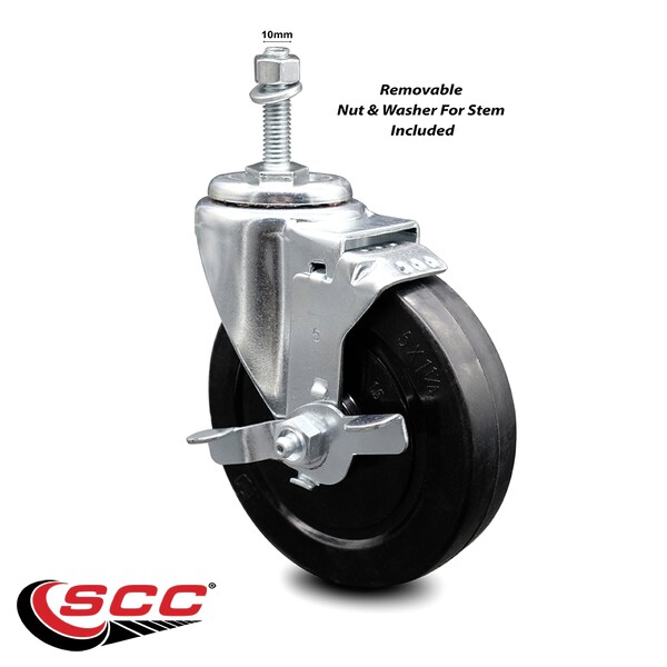 5 Inch Soft Rubber Wheel Swivel 10mm Threaded Stem Caster with Brake SCC